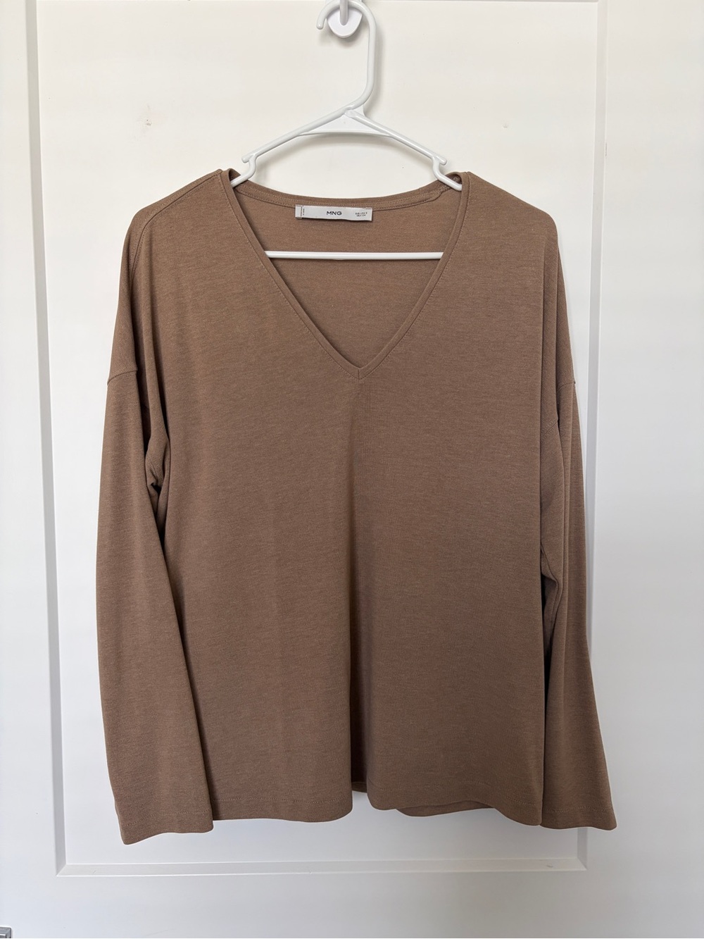 Mango V-Neck Long Sleeve Top in Taupe Brown